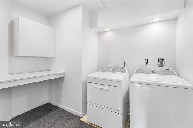1406 Gentlemens Way, Dresher, PA 19025 - laundry room with independent washer and dryer, cabinet space, dark colored carpet, and recessed lighting