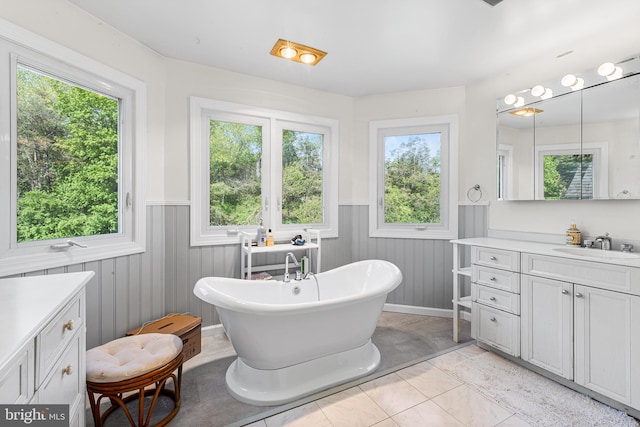 1406 Gentlemens Way, Dresher, PA 19025 - full bathroom featuring wainscoting, vanity, a freestanding bath, and tile patterned flooring