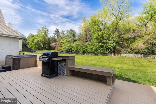 1406 Gentlemens Way, Dresher, PA 19025 - wooden deck featuring area for grilling, a hot tub, a fenced backyard, and view of wooded area