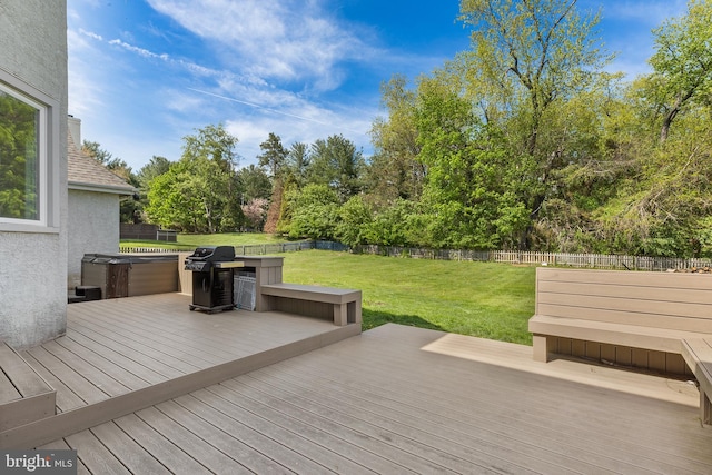 1406 Gentlemens Way, Dresher, PA 19025 - wooden deck with a hot tub, a fenced backyard, area for grilling, and view of scattered trees
