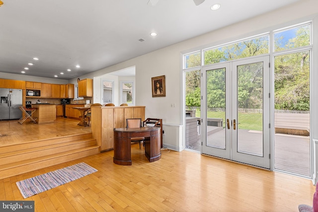 1406 Gentlemens Way, Dresher, PA 19025 - living room with light wood-style flooring, recessed lighting, french doors, and ceiling fan