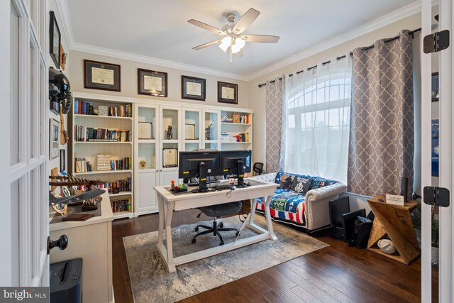 765 Blueberry Ct, Huntingtown, MD 20639 - office area featuring crown molding, ceiling fan, and dark wood finished floors