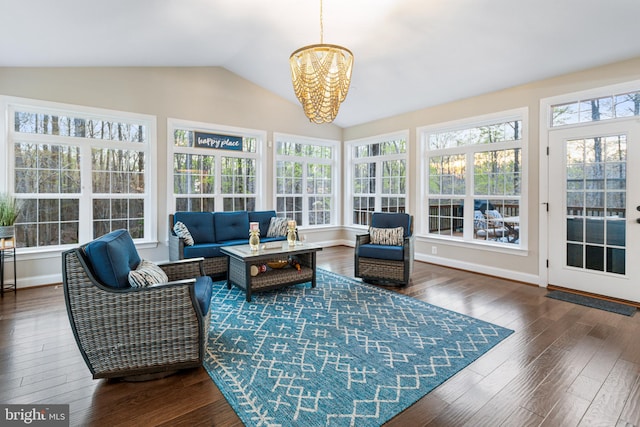 765 Blueberry Ct, Huntingtown, MD 20639 - sunroom / solarium featuring wood-type flooring, baseboards, a notable chandelier, and lofted ceiling