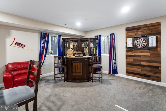 765 Blueberry Ct, Huntingtown, MD 20639 - bar featuring baseboards, carpet flooring, a bar, wood walls, and visible vents