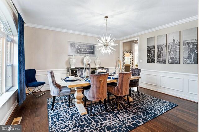 765 Blueberry Ct, Huntingtown, MD 20639 - dining area with visible vents, an inviting chandelier, ornamental molding, dark wood finished floors, and wainscoting