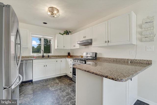 kitchen featuring a sink, stainless steel appliances, a peninsula, stone counters, and under cabinet range hood