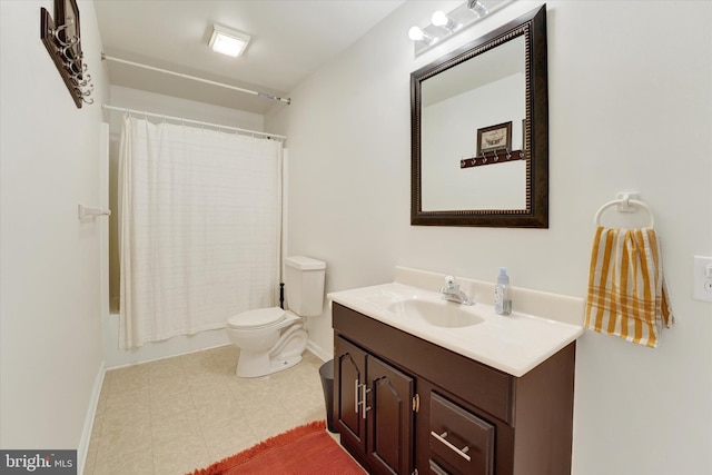 full bathroom with vanity, baseboards, shower / bath combination with curtain, and toilet