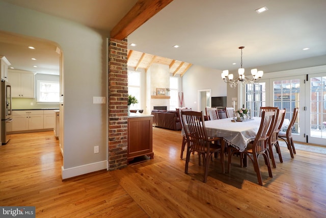 451 E Hamilton Ave, State College, PA 16801 - dining space with recessed lighting, arched walkways, lofted ceiling with beams, light wood finished floors, and a notable chandelier