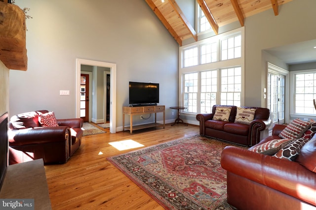 451 E Hamilton Ave, State College, PA 16801 - living room with high vaulted ceiling, baseboards, wooden ceiling, wood finished floors, and beamed ceiling