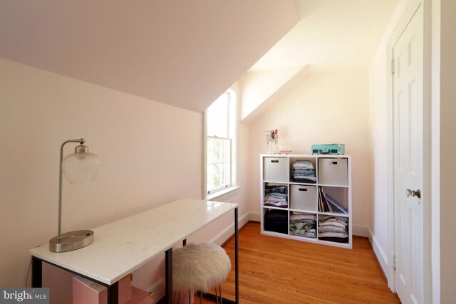 451 E Hamilton Ave, State College, PA 16801 - office area featuring baseboards, lofted ceiling, and light wood-style floors