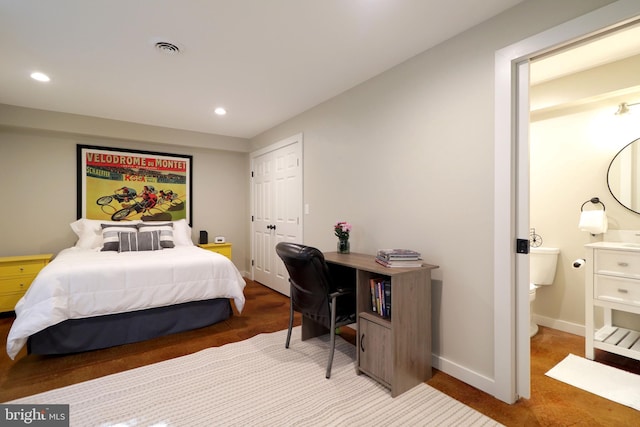 451 E Hamilton Ave, State College, PA 16801 - bedroom featuring light carpet, ensuite bath, recessed lighting, baseboards, and visible vents