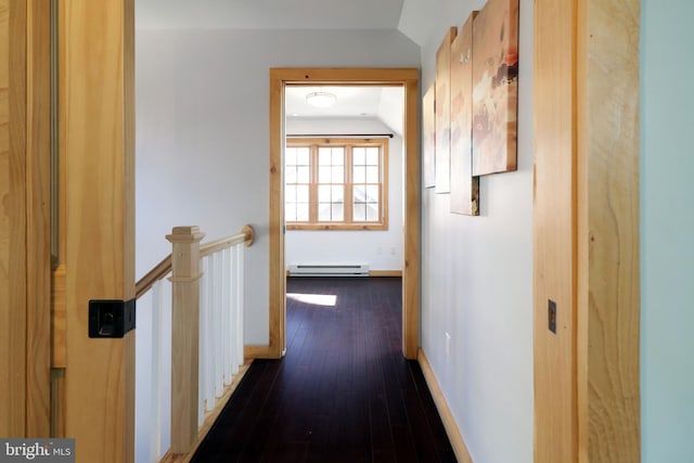 451 E Hamilton Ave, State College, PA 16801 - hall with baseboards, a baseboard radiator, dark wood-style floors, and an upstairs landing