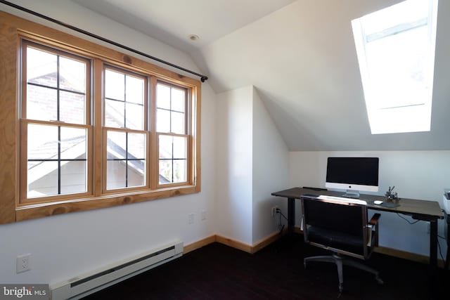 451 E Hamilton Ave, State College, PA 16801 - home office with vaulted ceiling with skylight, baseboards, a baseboard radiator, and dark wood-type flooring