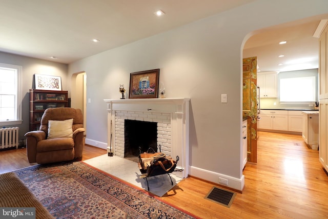 451 E Hamilton Ave, State College, PA 16801 - living area with light wood-style floors, arched walkways, and radiator