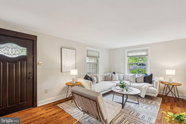 living area featuring wood finished floors and baseboards