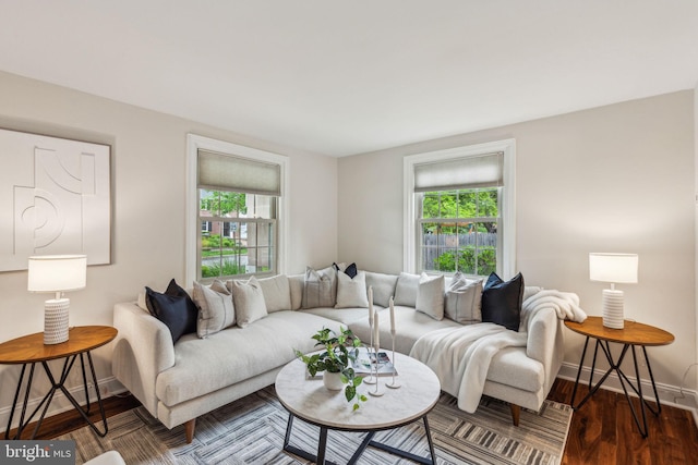 living area with baseboards, plenty of natural light, and wood finished floors