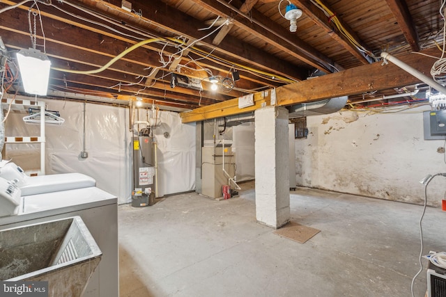 unfinished basement with independent washer and dryer, electric panel, a sink, and gas water heater