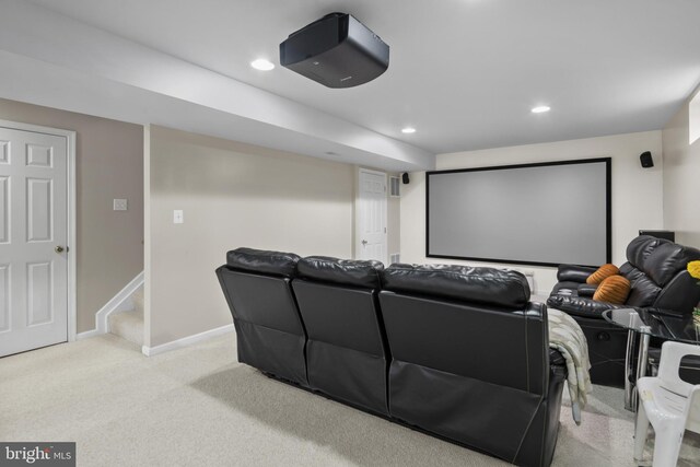 home theater room with carpet, recessed lighting, and baseboards