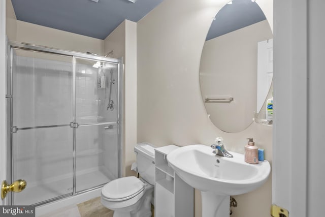 bathroom featuring a stall shower, toilet, and a sink