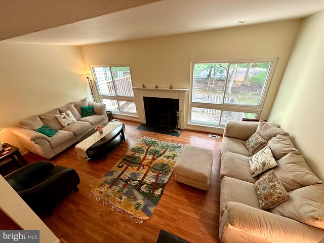living area featuring wood finished floors and a fireplace with flush hearth