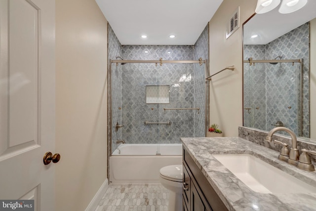 bathroom with toilet, vanity, bath / shower combo with glass door, baseboards, and recessed lighting