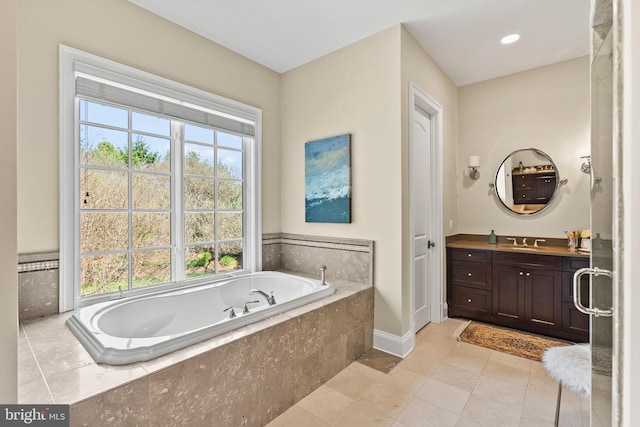 11820 Plantation Dr, Great Falls, VA 22066 - full bathroom featuring vanity, baseboards, tile patterned floors, and a bath