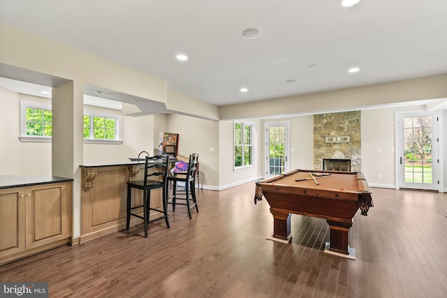 11820 Plantation Dr, Great Falls, VA 22066 - recreation room featuring recessed lighting, billiards, dark wood finished floors, and a fireplace