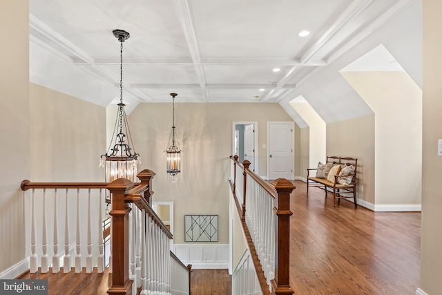11820 Plantation Dr, Great Falls, VA 22066 - staircase with recessed lighting, coffered ceiling, wood finished floors, and beamed ceiling
