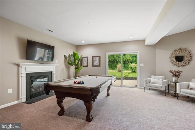 12670 Perrywood Ln, Dunkirk, MD 20754 - recreation room with carpet flooring, a fireplace with flush hearth, pool table, baseboards, and recessed lighting