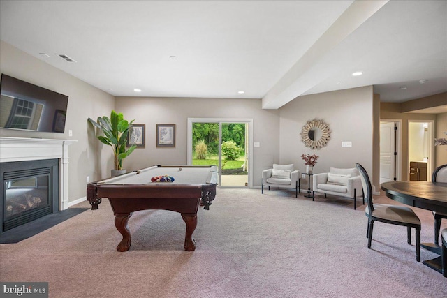 12670 Perrywood Ln, Dunkirk, MD 20754 - playroom featuring carpet, recessed lighting, pool table, and a fireplace with flush hearth