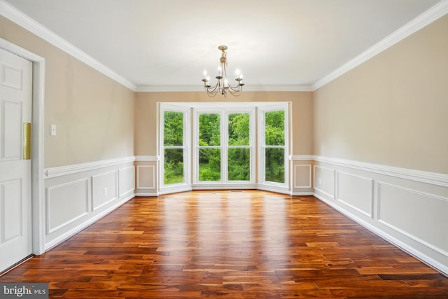 6759 Bronze Post Rd, Centreville, VA 20121 - unfurnished dining area with a chandelier, dark wood-type flooring, ornamental molding, wainscoting, and a decorative wall