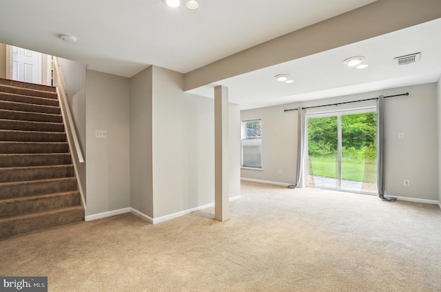 6759 Bronze Post Rd, Centreville, VA 20121 - unfurnished living room with carpet flooring, baseboards, and stairs