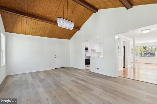 unfurnished living room featuring wood ceiling, light wood-style floors, beamed ceiling, and high vaulted ceiling