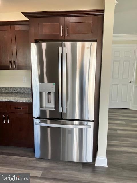 111 Heulings Ave, Riverside, NJ 08075 - kitchen with stainless steel refrigerator with ice dispenser, wood finished floors, light stone countertops, and dark brown cabinets