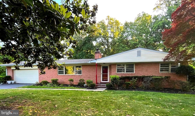 13306 Partridge Dr, Silver Spring, MD 20904 - ranch-style house featuring brick siding, asphalt driveway, a front yard, and a chimney