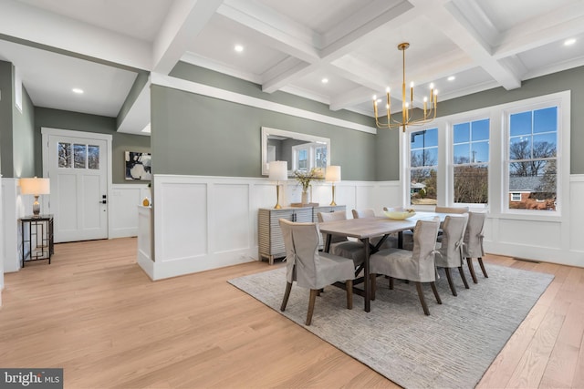 dining area featuring light wood finished floors, an inviting chandelier, coffered ceiling, and beam ceiling