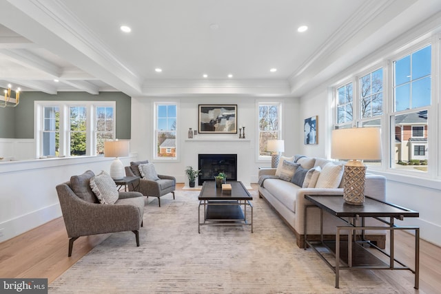 living area with plenty of natural light, a glass covered fireplace, crown molding, and wood finished floors
