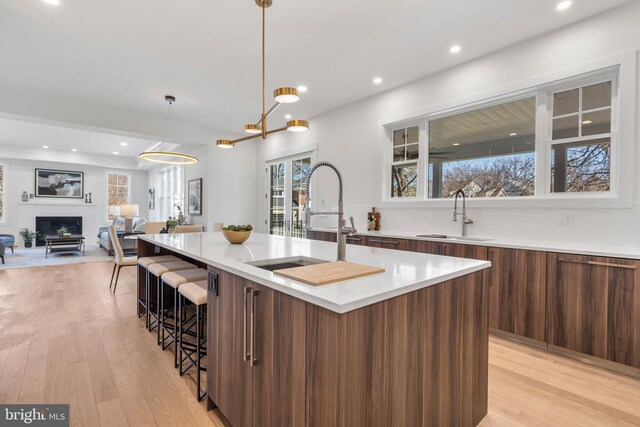 kitchen featuring light countertops, light wood-style flooring, a sink, and modern cabinets