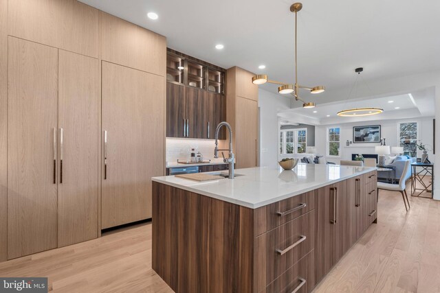 kitchen with modern cabinets, a sink, and a raised ceiling