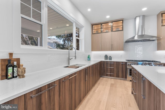 kitchen featuring a sink, modern cabinets, light wood-style floors, and wall chimney exhaust hood