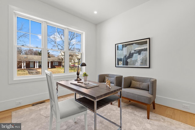 office area featuring baseboards, visible vents, wood finished floors, and recessed lighting
