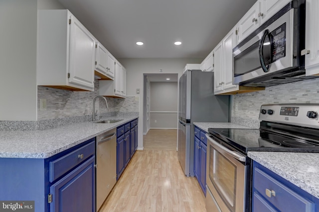 2 Rainflower Path Unit 102, Sparks Glencoe, MD 21152 - kitchen with appliances with stainless steel finishes, blue cabinetry, a sink, white cabinets, and light wood-style floors