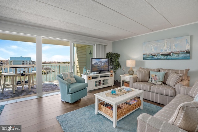 107 Convention Center Dr Unit 161D, Ocean City, MD 21842 - living area featuring wood finished floors, ornamental molding, and a textured ceiling