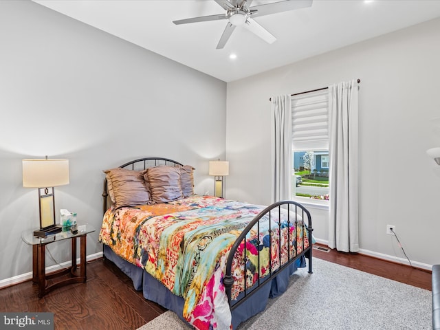 bedroom with baseboards, wood finished floors, recessed lighting, and a ceiling fan