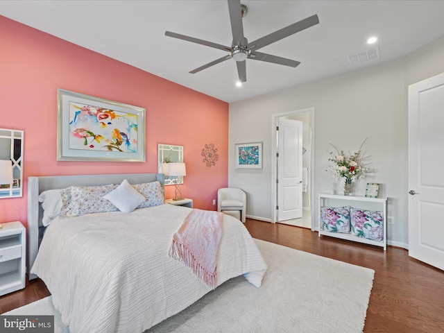bedroom featuring recessed lighting, baseboards, ceiling fan, visible vents, and wood finished floors