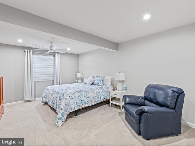 carpeted bedroom featuring baseboards, a ceiling fan, recessed lighting, and beamed ceiling