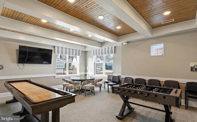 game room with wood ceiling, carpet floors, beamed ceiling, and visible vents
