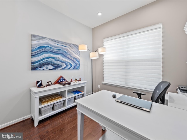 office featuring dark wood-style flooring, baseboards, and recessed lighting