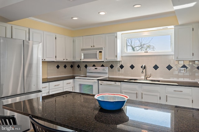 301 Burnside St Unit B 302, Annapolis, MD 21403 - kitchen with white cabinets, white appliances, a sink, and crown molding