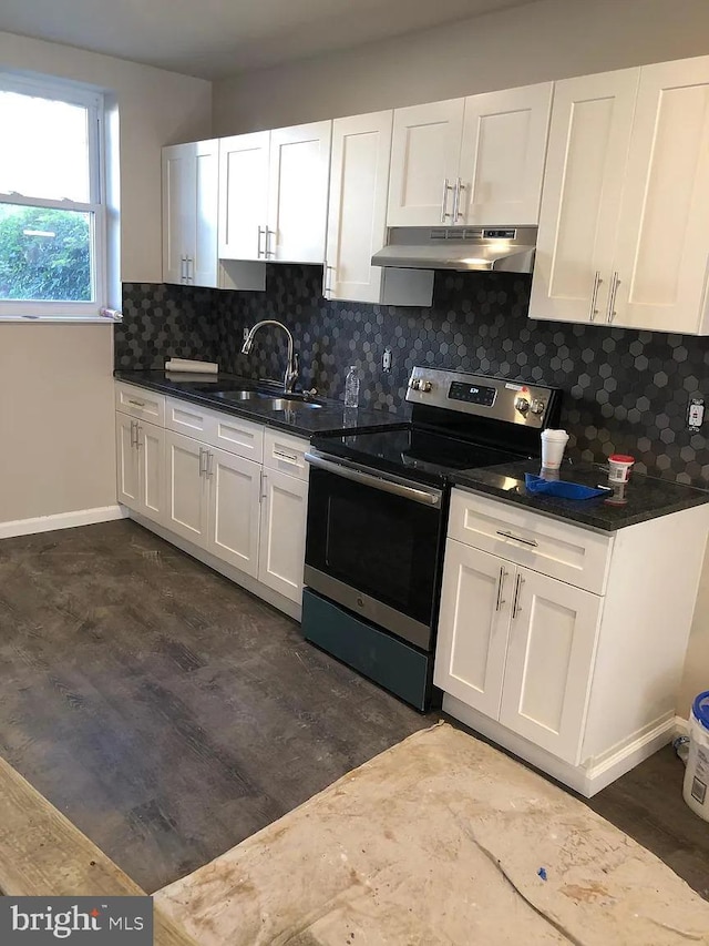 kitchen featuring under cabinet range hood, stainless steel electric range oven, a sink, and dark wood-style flooring